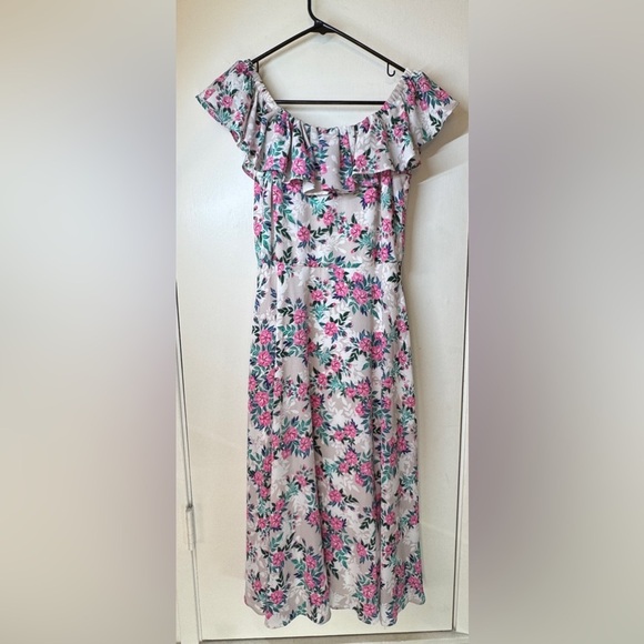 Betsey Johnson Off Shoulder Cream Pink Tropical Floral A Line Midi Dress Size 2 - Picture 2 of 13